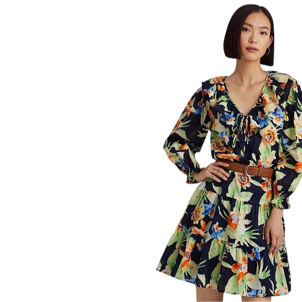 RALPH LAUREN Black Label Floral Ruffled Cotton Voile Tasseled Dress